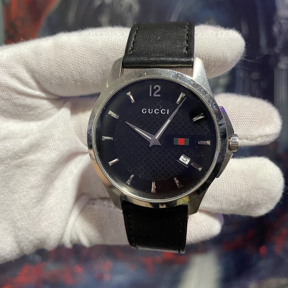 Gucci G-Timeless Silver Bezel Black Band Watch Mens Luxury Accesories